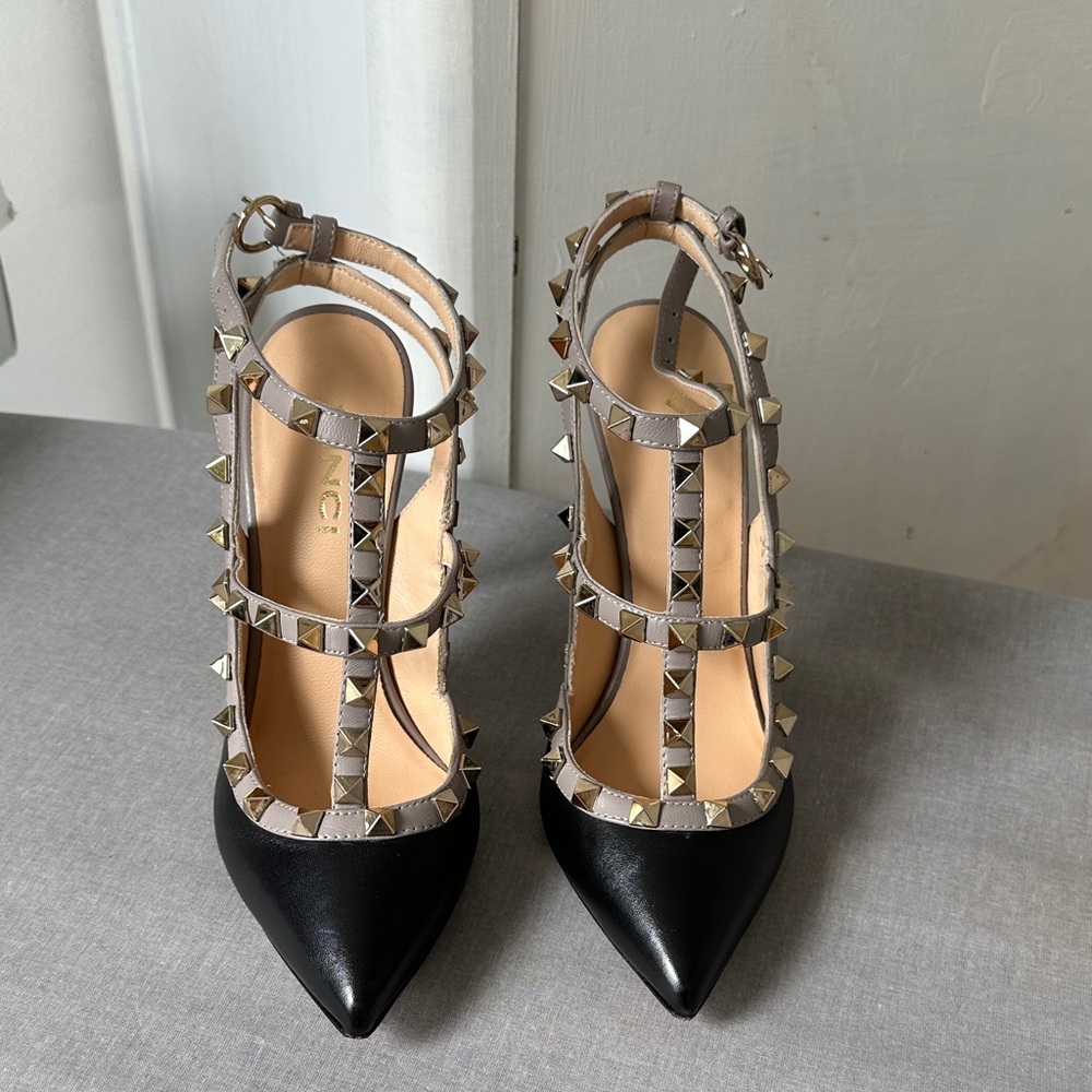VINCI Black and Cream Turkish leather Studded Heels